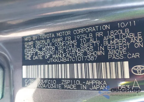 2012 Scion Xd Base (A4) z USA, uszkodzony, nr VIN JTKKU4B47C1017387